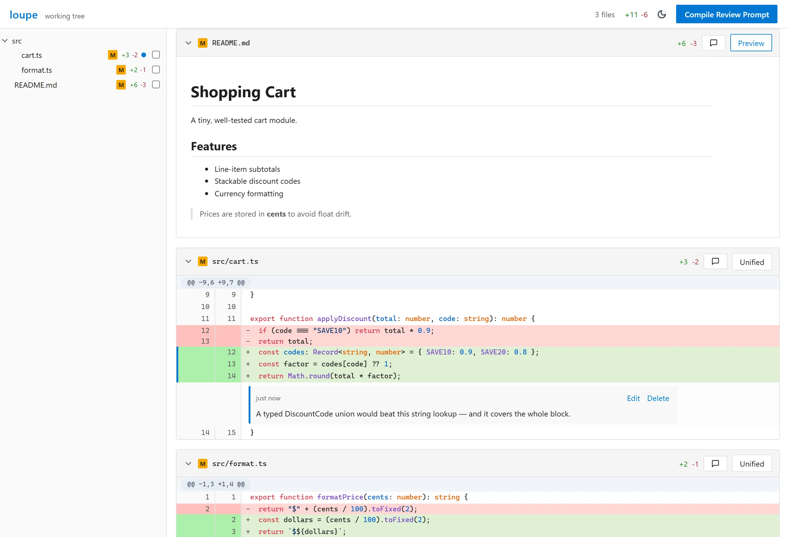 loupe, diffle's earlier version, with an inline multi-line comment spanning several changed lines of a TypeScript file