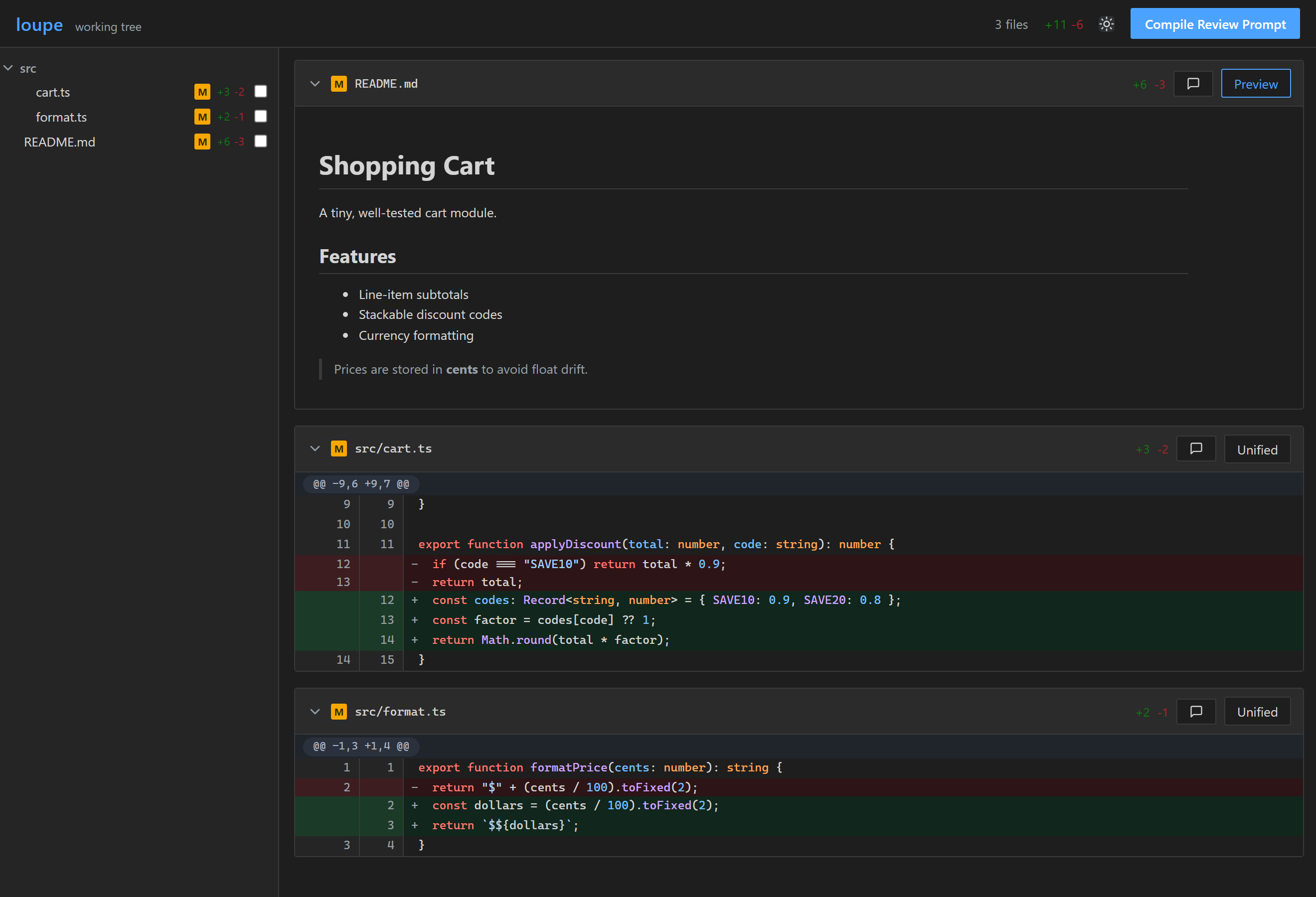 loupe in dark mode, reviewing the same diff with a rendered markdown file at the top