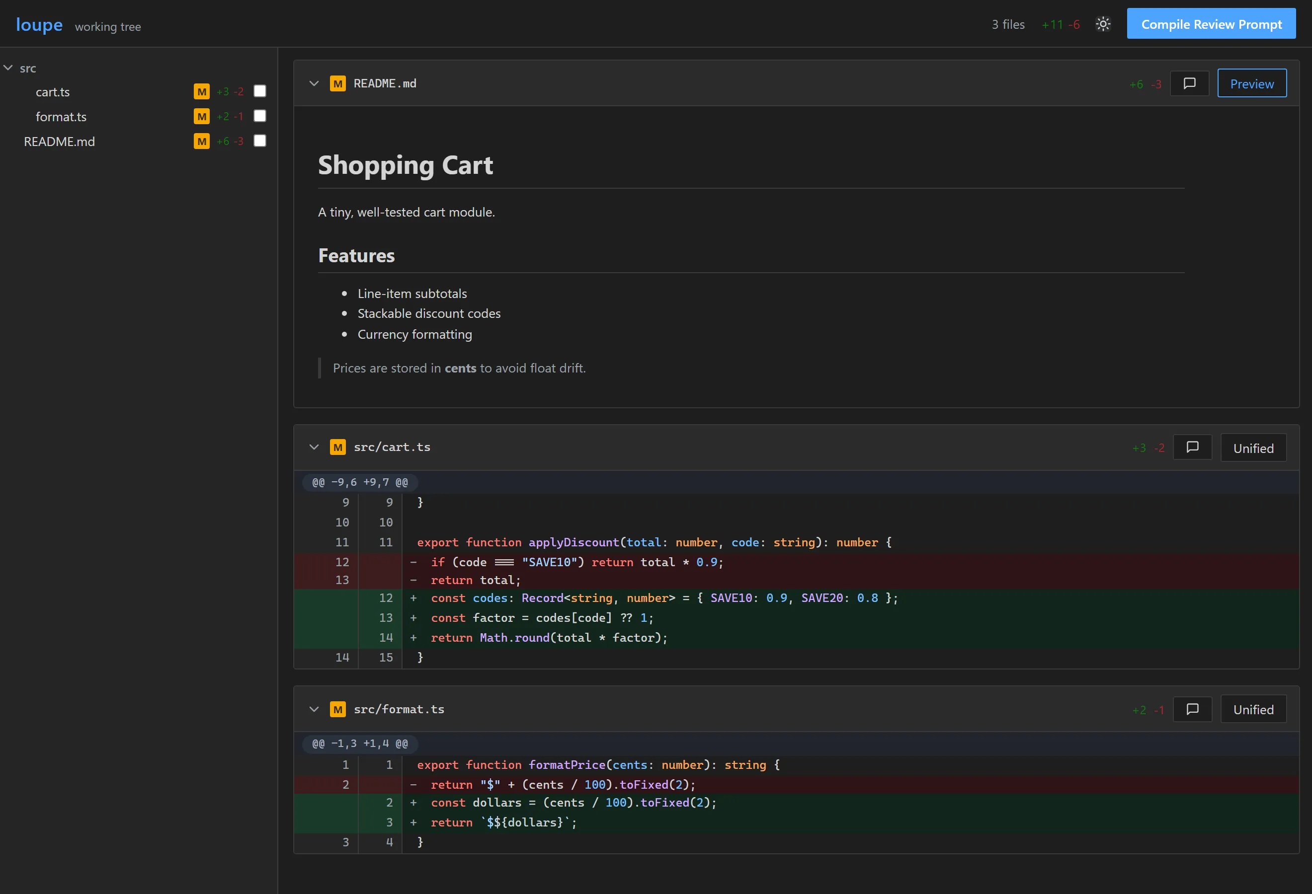 loupe, diffle's earlier version, in dark mode reviewing a diff with a rendered markdown file at the top