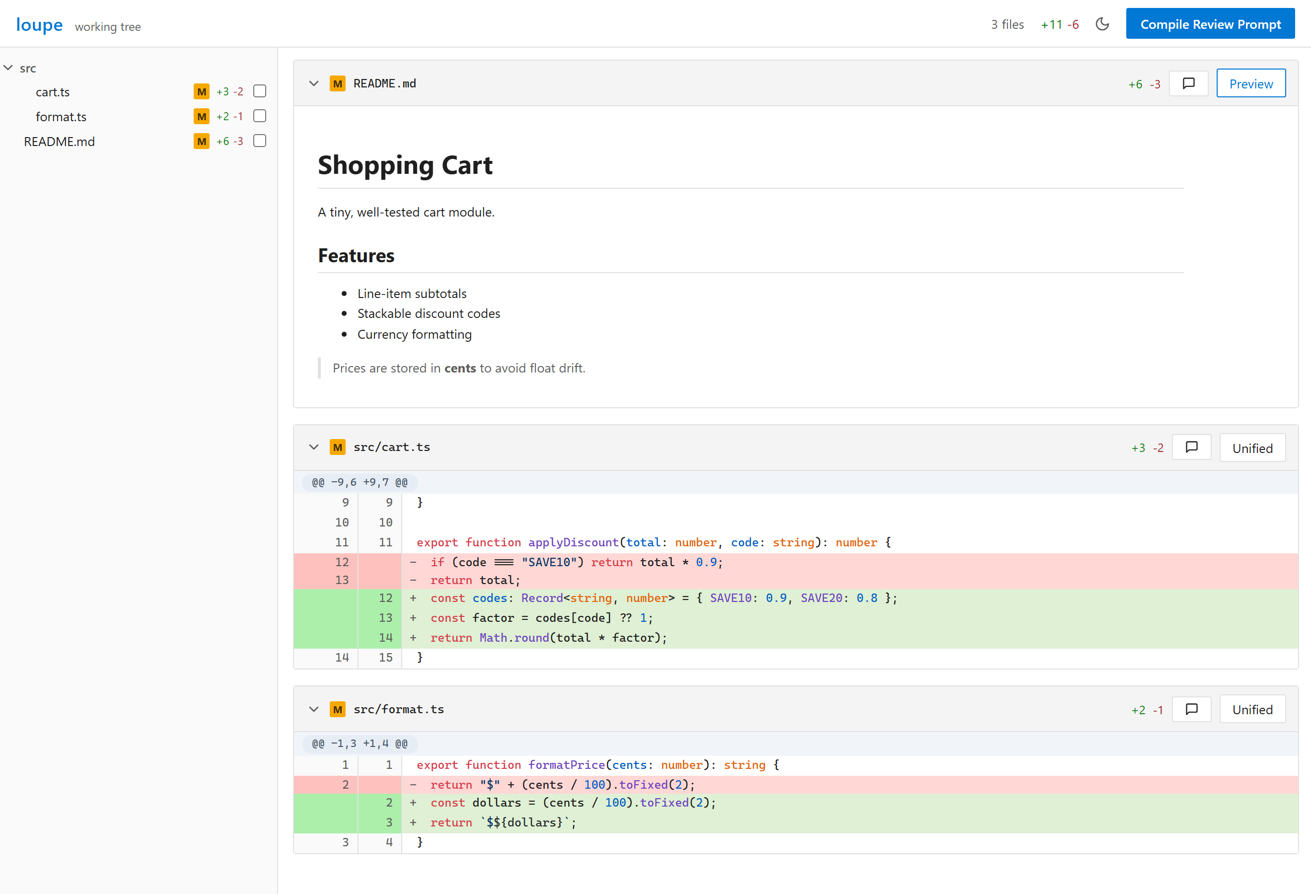 loupe reviewing a working-tree diff: a file tree on the left, a rendered markdown file, and a syntax-highlighted unified diff
