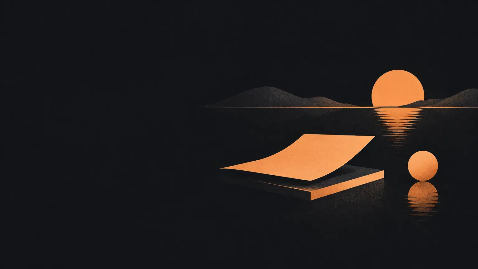 AI-generated abstract composition of a quiet horizon landscape, in orange on a dark charcoal background