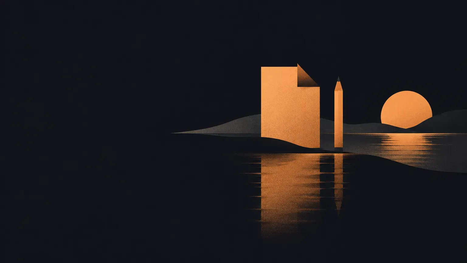 AI-generated abstract composition of a quiet horizon landscape, in orange on a dark charcoal background