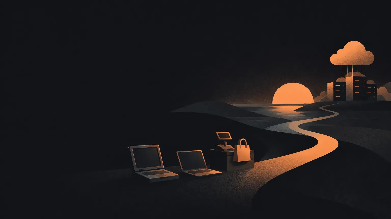 AI-generated abstract composition of a quiet horizon landscape, in orange on a dark charcoal background