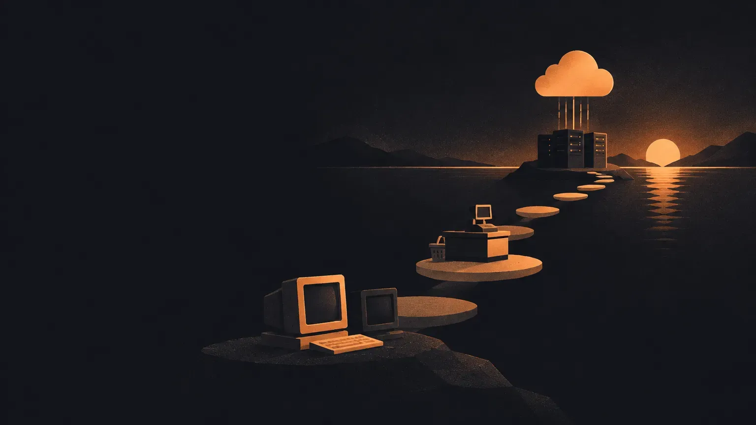 AI-generated abstract composition of a quiet horizon landscape, in orange on a dark charcoal background