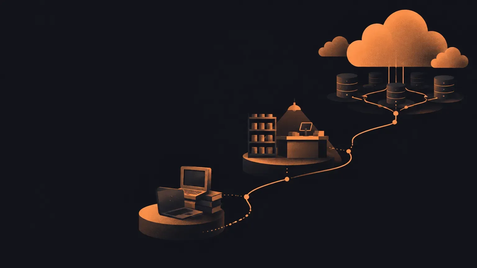 AI-generated abstract composition of connected cloud shapes and network paths, in orange on a dark charcoal background