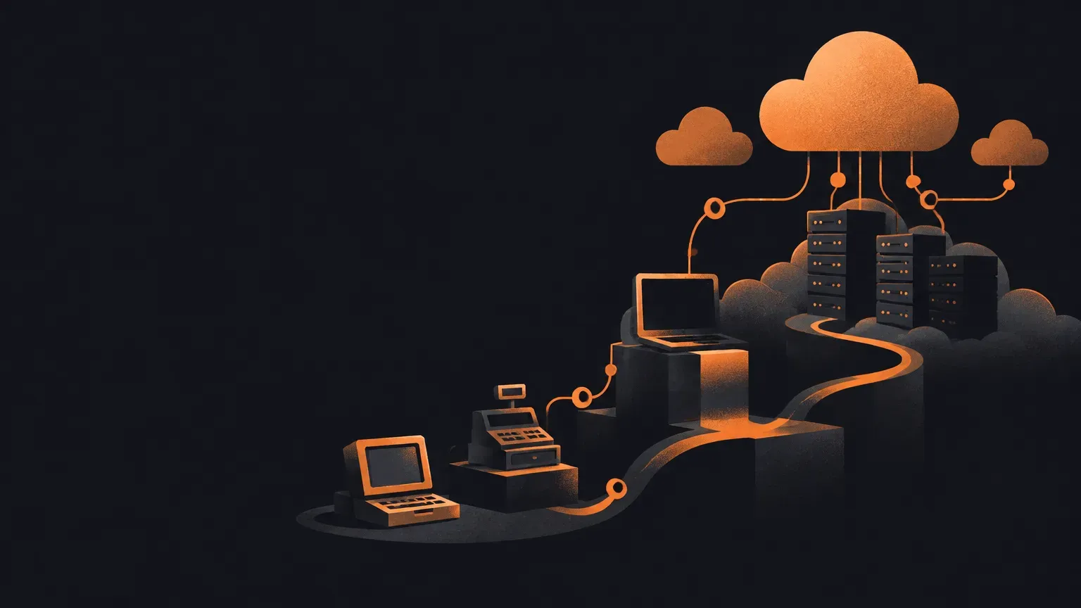 AI-generated abstract composition of connected cloud shapes and network paths, in orange on a dark charcoal background