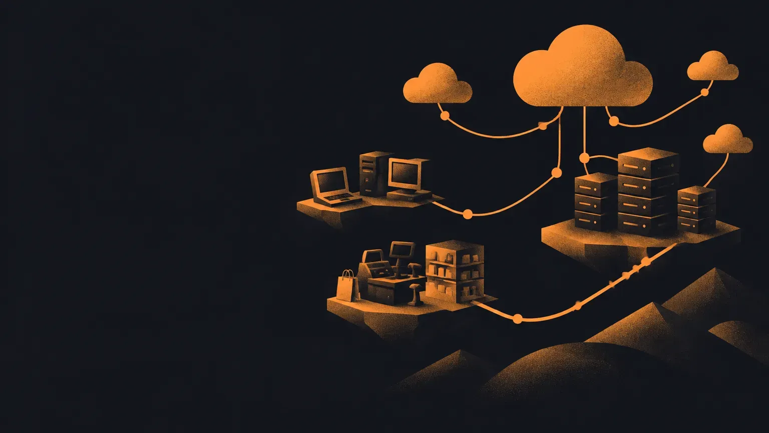 AI-generated abstract composition of connected cloud shapes and network paths, in orange on a dark charcoal background