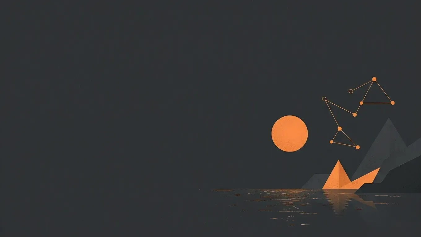 AI-generated abstract composition of a quiet horizon landscape, in orange on a dark charcoal background