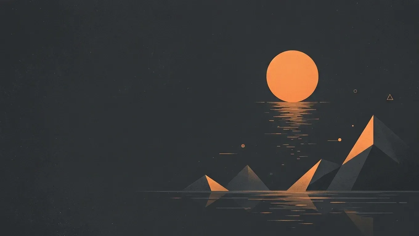AI-generated abstract composition of a quiet horizon landscape, in orange on a dark charcoal background