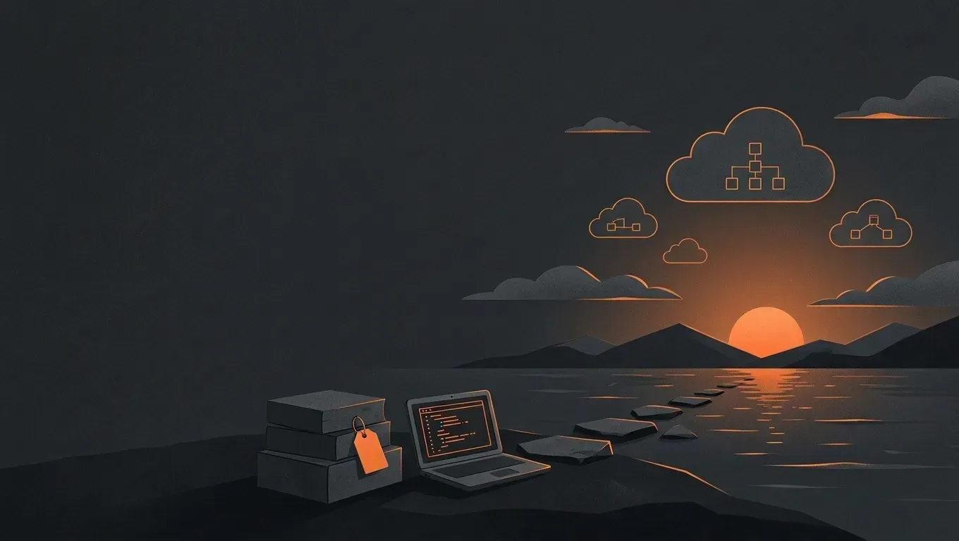AI-generated abstract composition of a quiet horizon landscape, in orange on a dark charcoal background