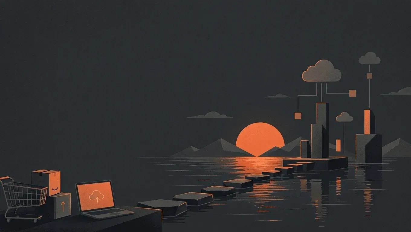 AI-generated abstract composition of a quiet horizon landscape, in orange on a dark charcoal background