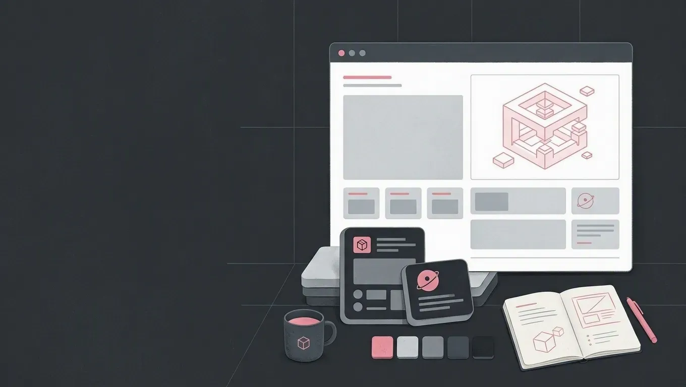 AI-generated web layout illustration of a browser window with simple layout blocks, in pink on a dark charcoal background