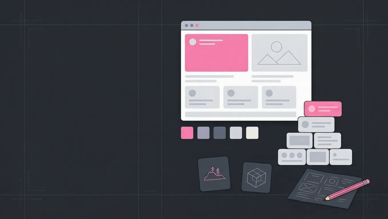 AI-generated web layout illustration of a browser window with simple layout blocks, in pink on a dark charcoal background