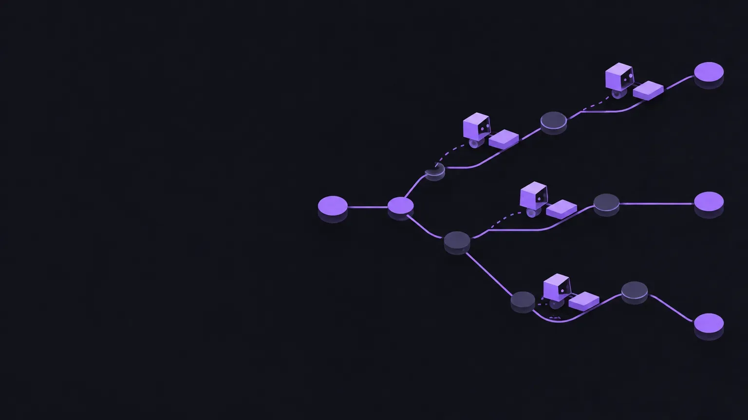 AI-generated abstract workflow illustration of a graph of connected nodes, in purple on a dark charcoal background