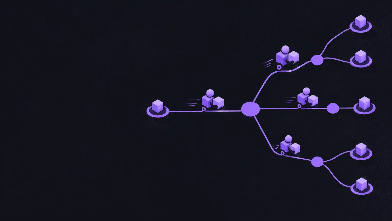 AI-generated abstract workflow illustration of a graph of connected nodes, in purple on a dark charcoal background