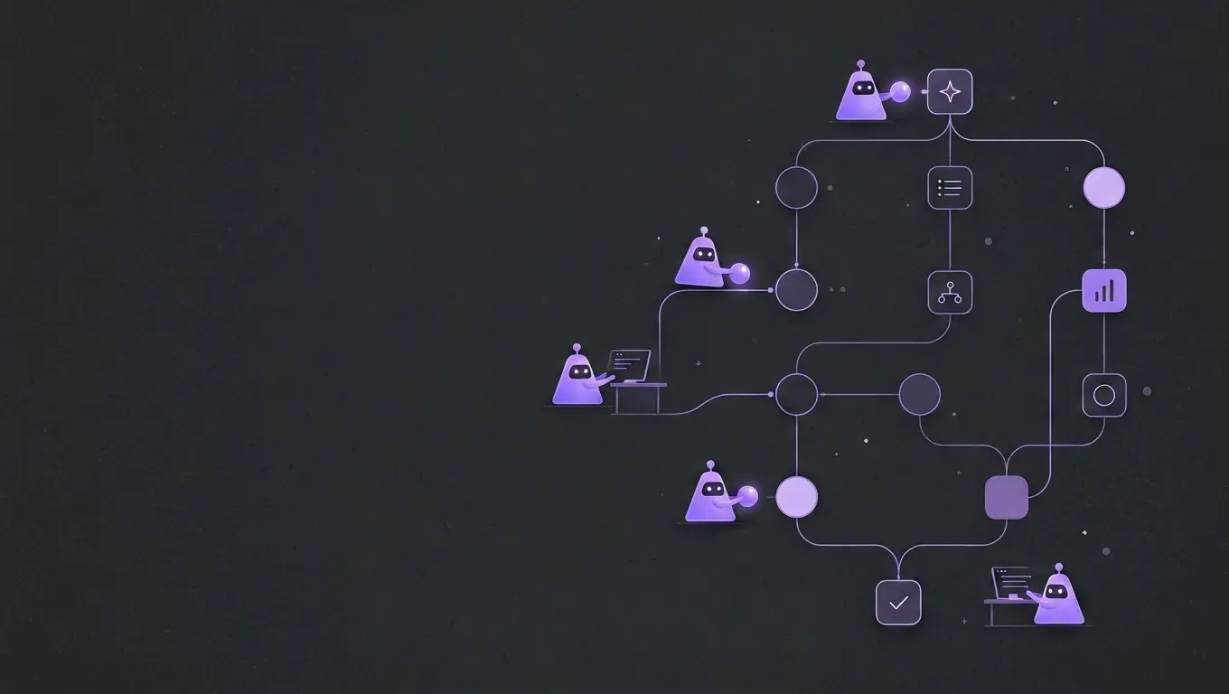 AI-generated abstract workflow illustration of a graph of connected nodes, in purple on a dark charcoal background