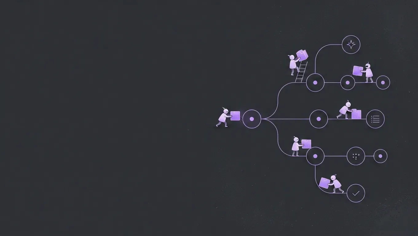 AI-generated abstract workflow illustration of a graph of connected nodes, in purple on a dark charcoal background