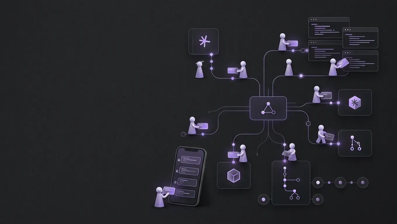 AI-generated abstract workflow illustration of a graph of connected nodes, in purple on a dark charcoal background