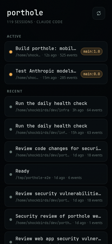 porthole's session list on a phone: active sessions with amber indicators and tmux target badges, recent sessions below