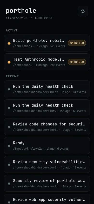 porthole's session list on a phone: active sessions with amber indicators and tmux target badges, recent sessions below