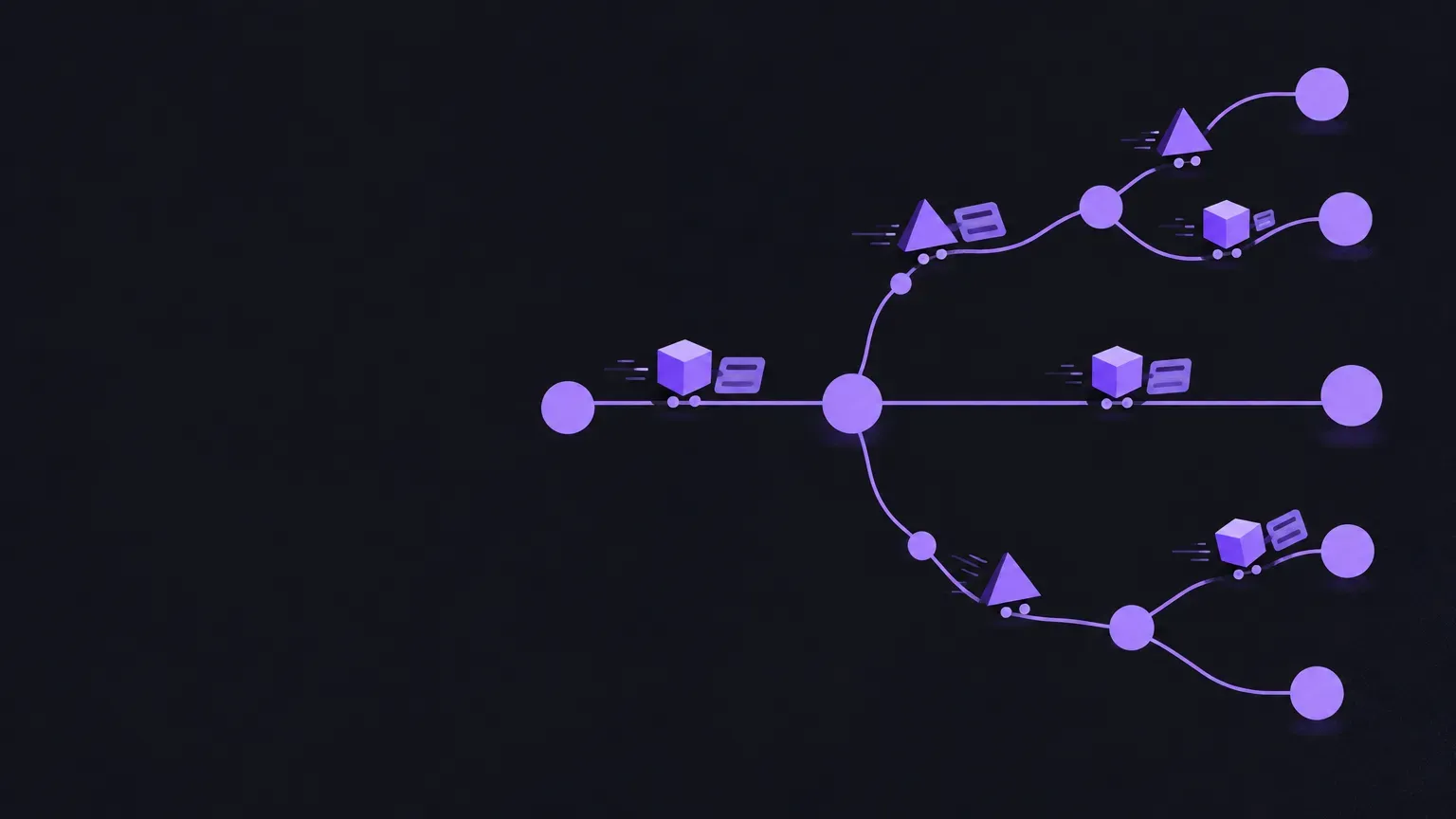 AI-generated abstract workflow illustration of a graph of connected nodes, in purple on a dark charcoal background