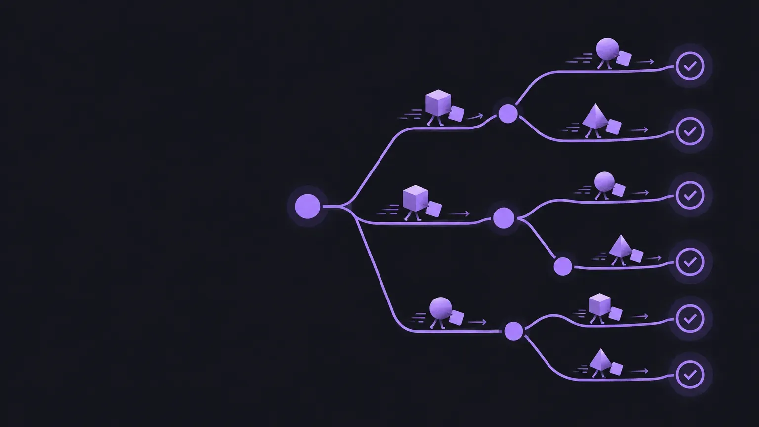 AI-generated abstract workflow illustration of a graph of connected nodes, in purple on a dark charcoal background