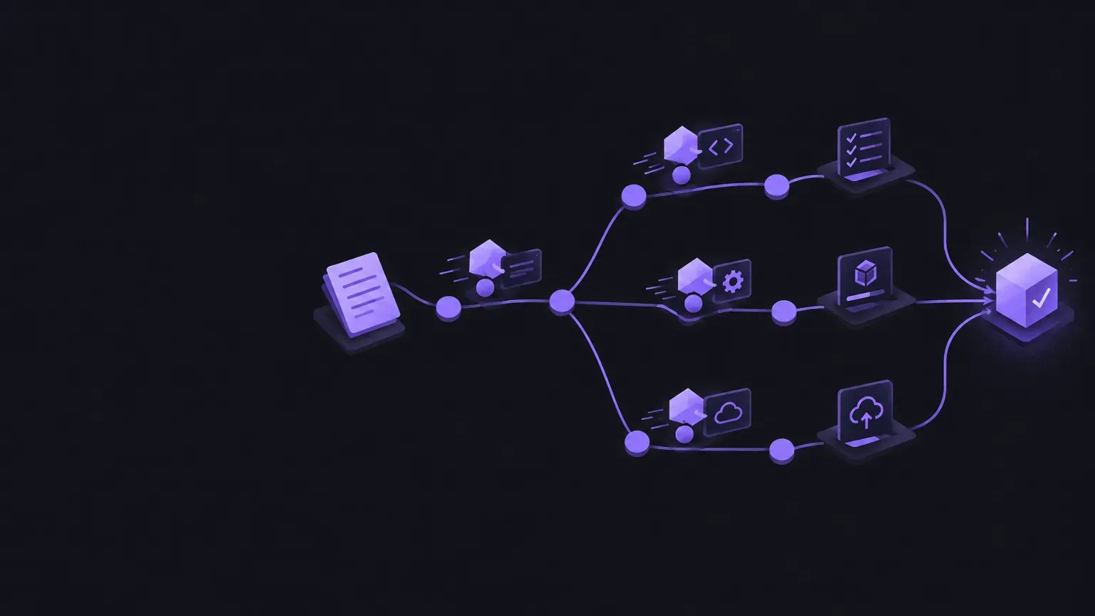 AI-generated abstract workflow illustration of a graph of connected nodes, in purple on a dark charcoal background