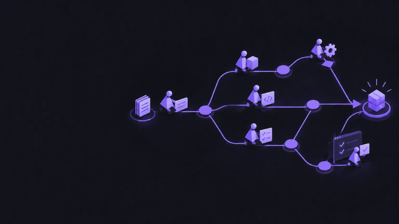 AI-generated abstract workflow illustration of a graph of connected nodes, in purple on a dark charcoal background