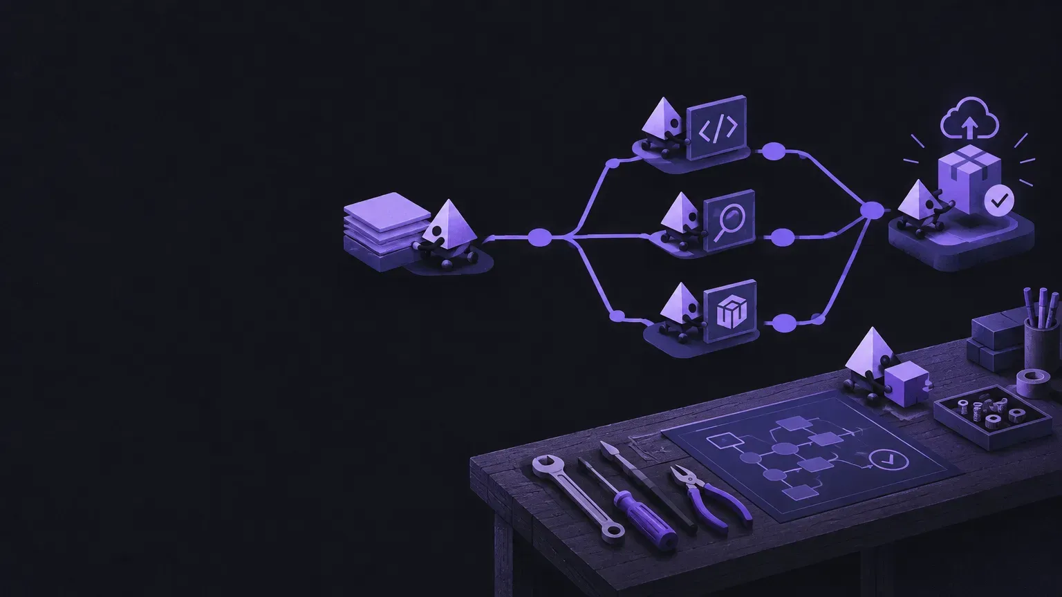 AI-generated abstract workflow illustration of tidy hand tools on a workbench, in purple on a dark charcoal background