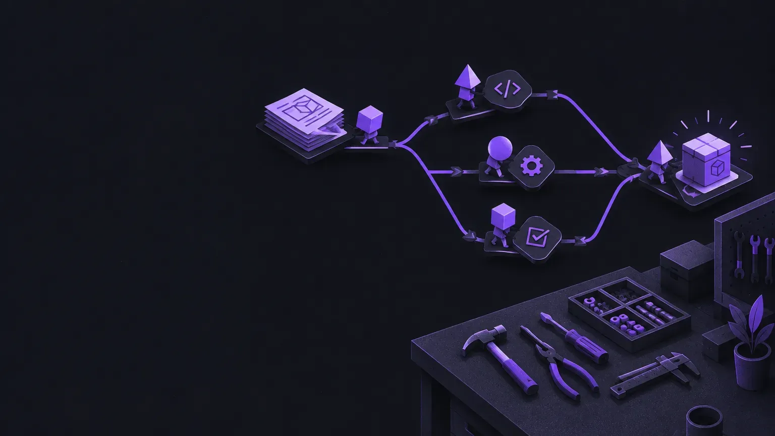 AI-generated abstract workflow illustration of tidy hand tools on a workbench, in purple on a dark charcoal background