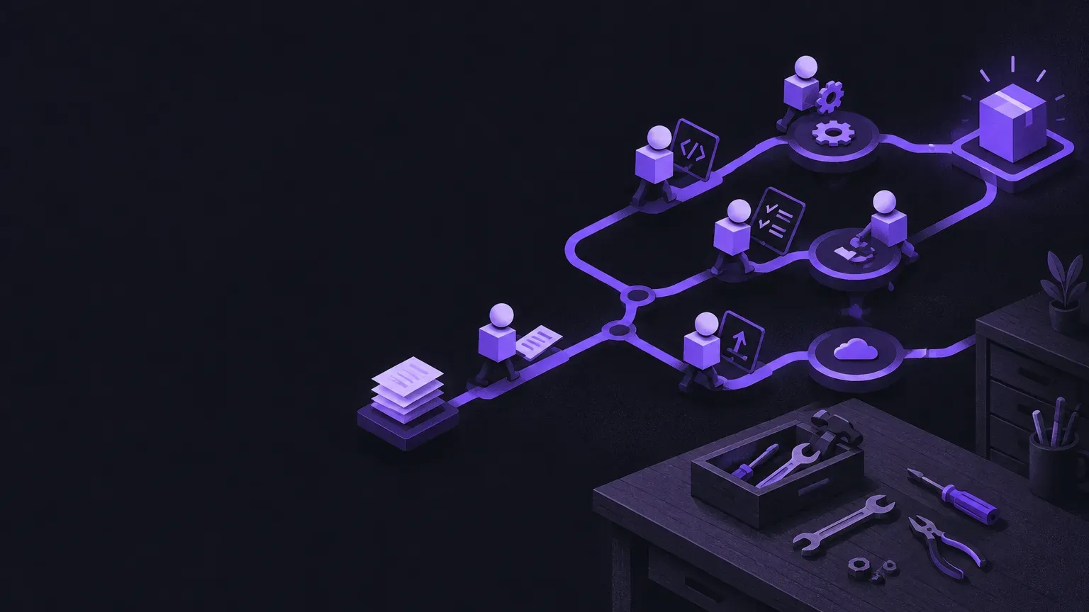 AI-generated abstract workflow illustration of tidy hand tools on a workbench, in purple on a dark charcoal background