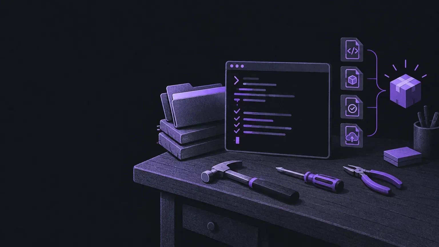 AI-generated still life of tidy hand tools on a workbench, in purple on a dark charcoal background