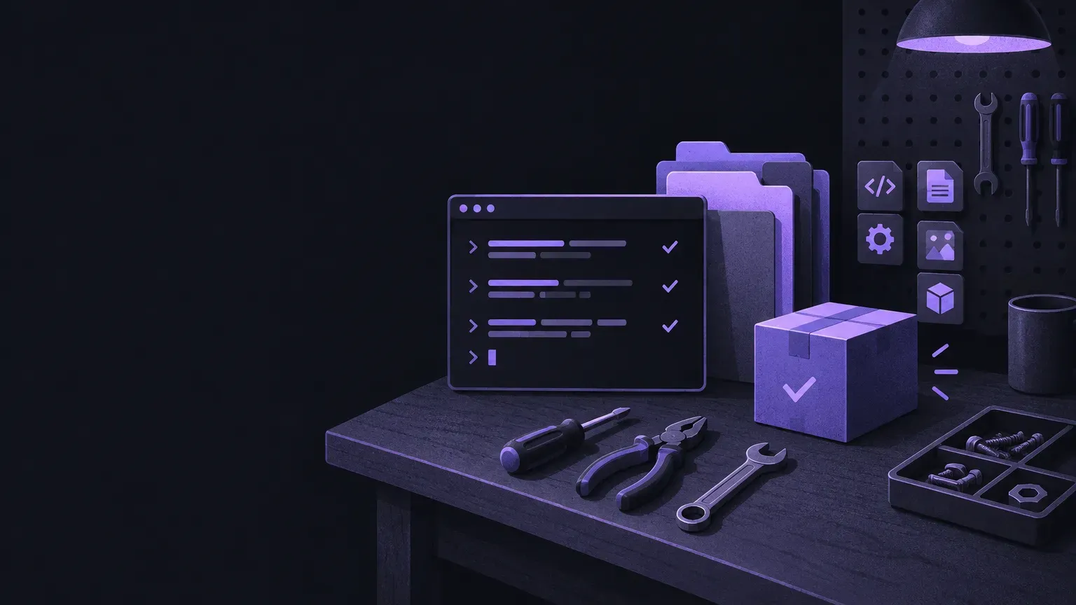 AI-generated still life of tidy hand tools on a workbench, in purple on a dark charcoal background
