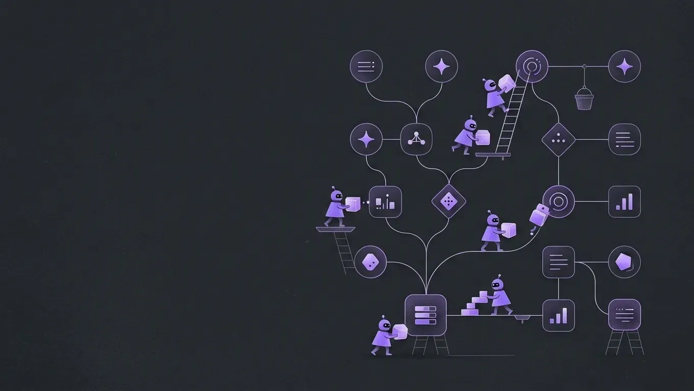 AI-generated abstract workflow illustration of a graph of connected nodes, in purple on a dark charcoal background