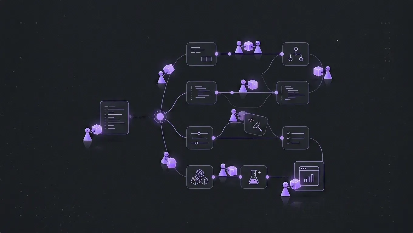 AI-generated abstract workflow illustration of a graph of connected nodes, in purple on a dark charcoal background
