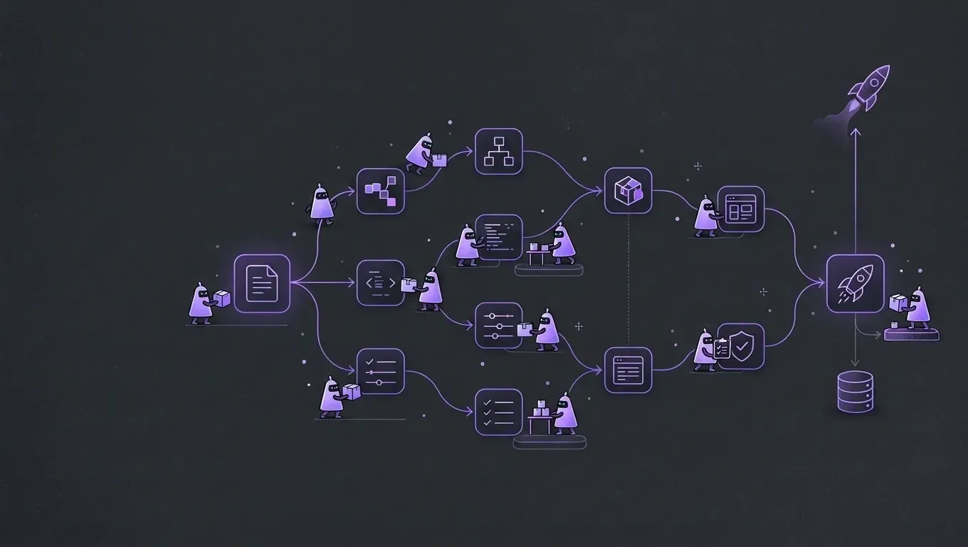 AI-generated abstract workflow illustration of a graph of connected nodes, in purple on a dark charcoal background