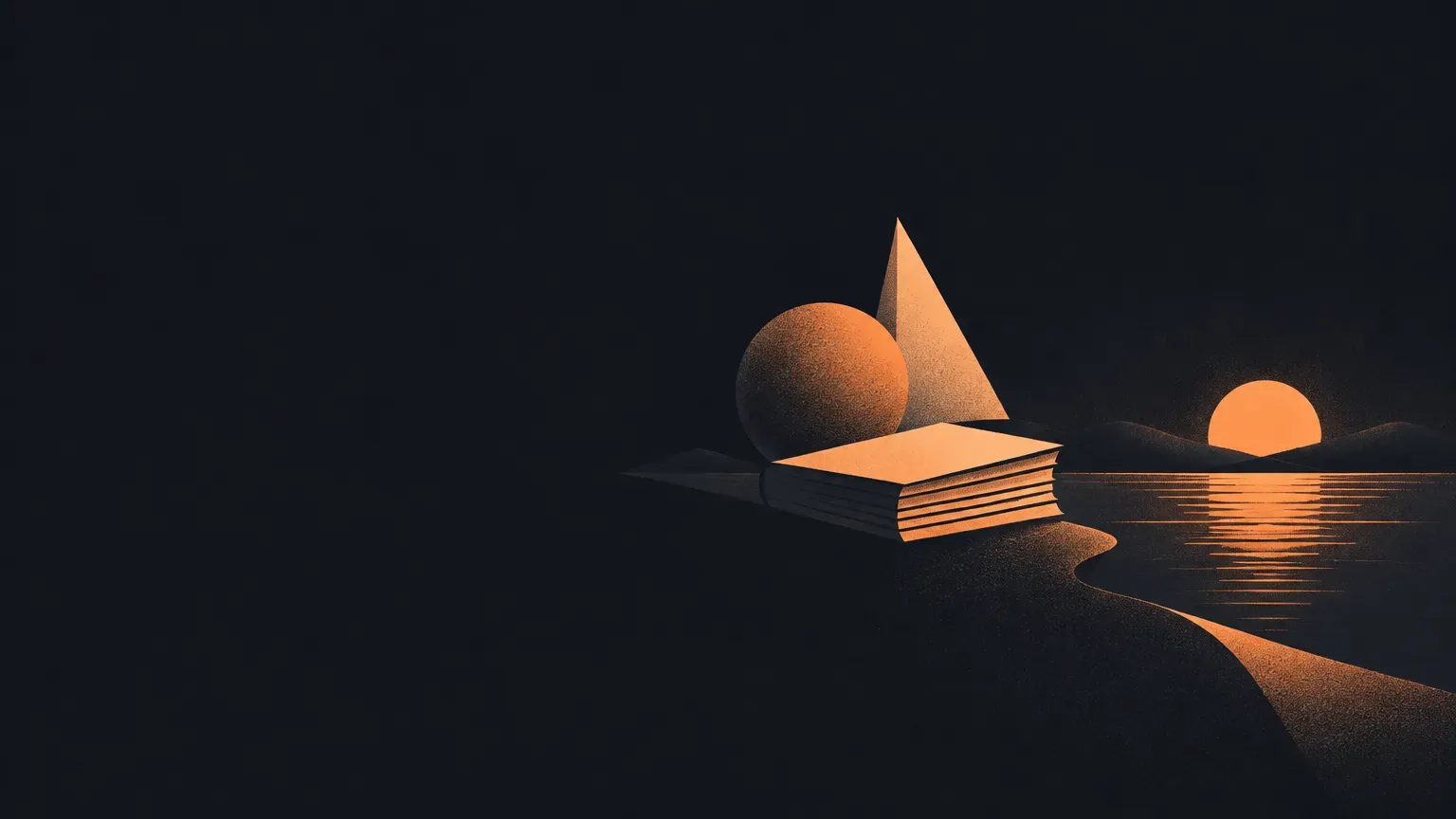 AI-generated abstract composition of a quiet horizon landscape, in orange on a dark charcoal background