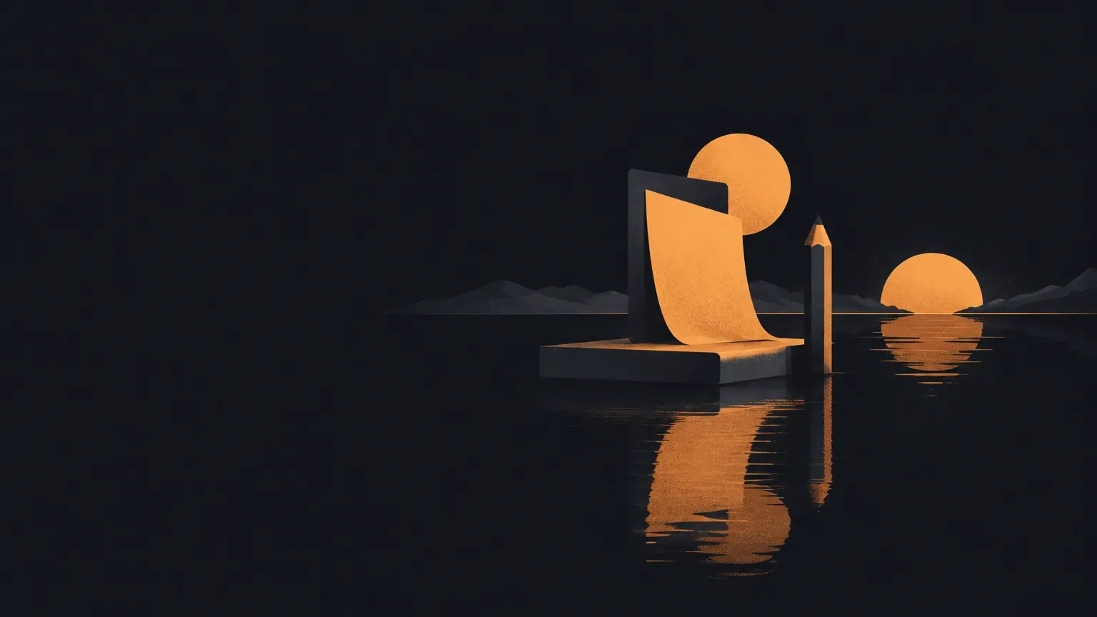 AI-generated abstract composition of a quiet horizon landscape, in orange on a dark charcoal background