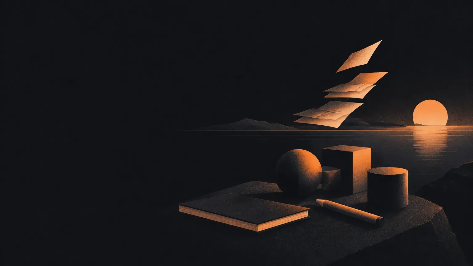 AI-generated abstract composition of a quiet horizon landscape, in orange on a dark charcoal background