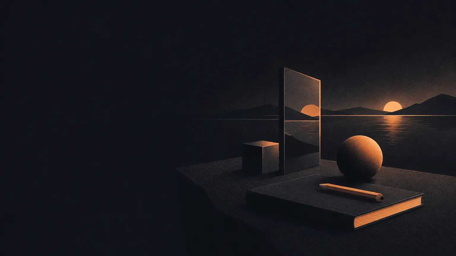AI-generated abstract composition of a quiet horizon landscape, in orange on a dark charcoal background