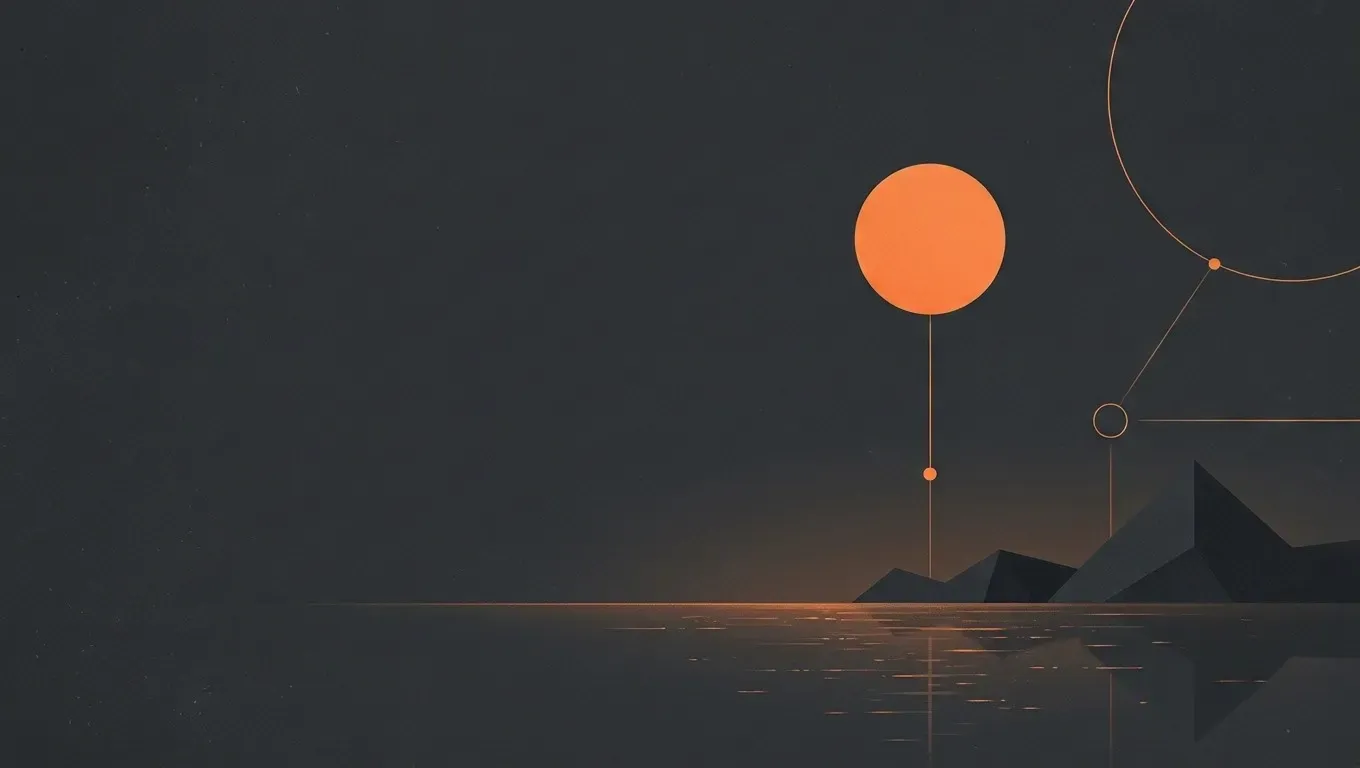AI-generated abstract composition of a quiet horizon landscape, in orange on a dark charcoal background