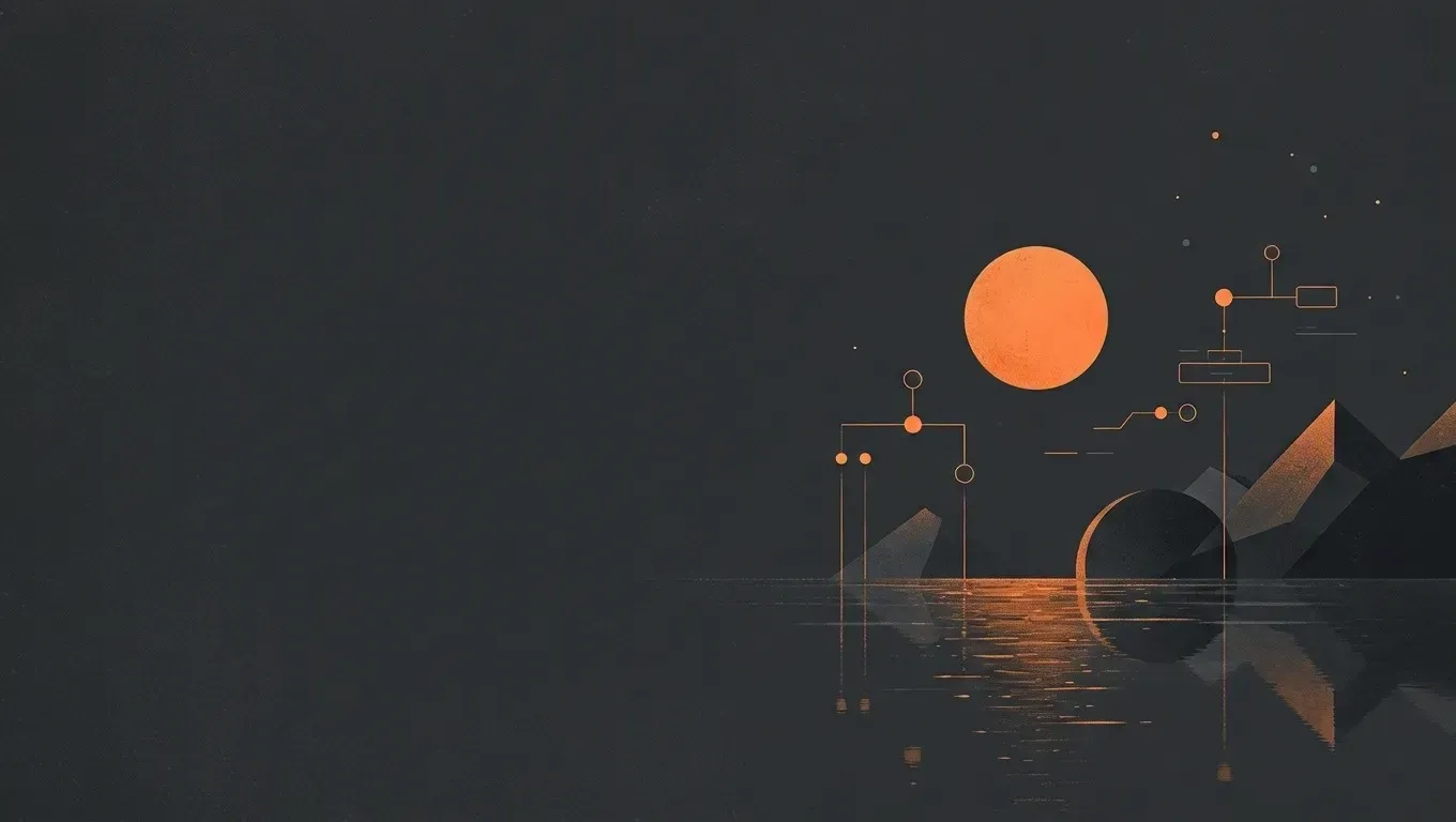 AI-generated abstract composition of a quiet horizon landscape, in orange on a dark charcoal background