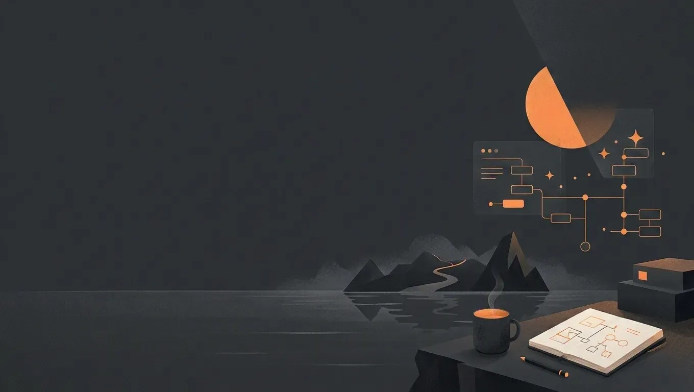 AI-generated abstract composition of a quiet horizon landscape, in orange on a dark charcoal background