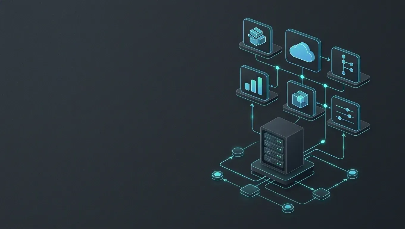 AI-generated isometric diagram of a small rack of servers with status lights, in cyan on a dark charcoal background