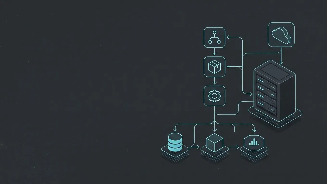 AI-generated isometric diagram of a small rack of servers with status lights, in cyan on a dark charcoal background
