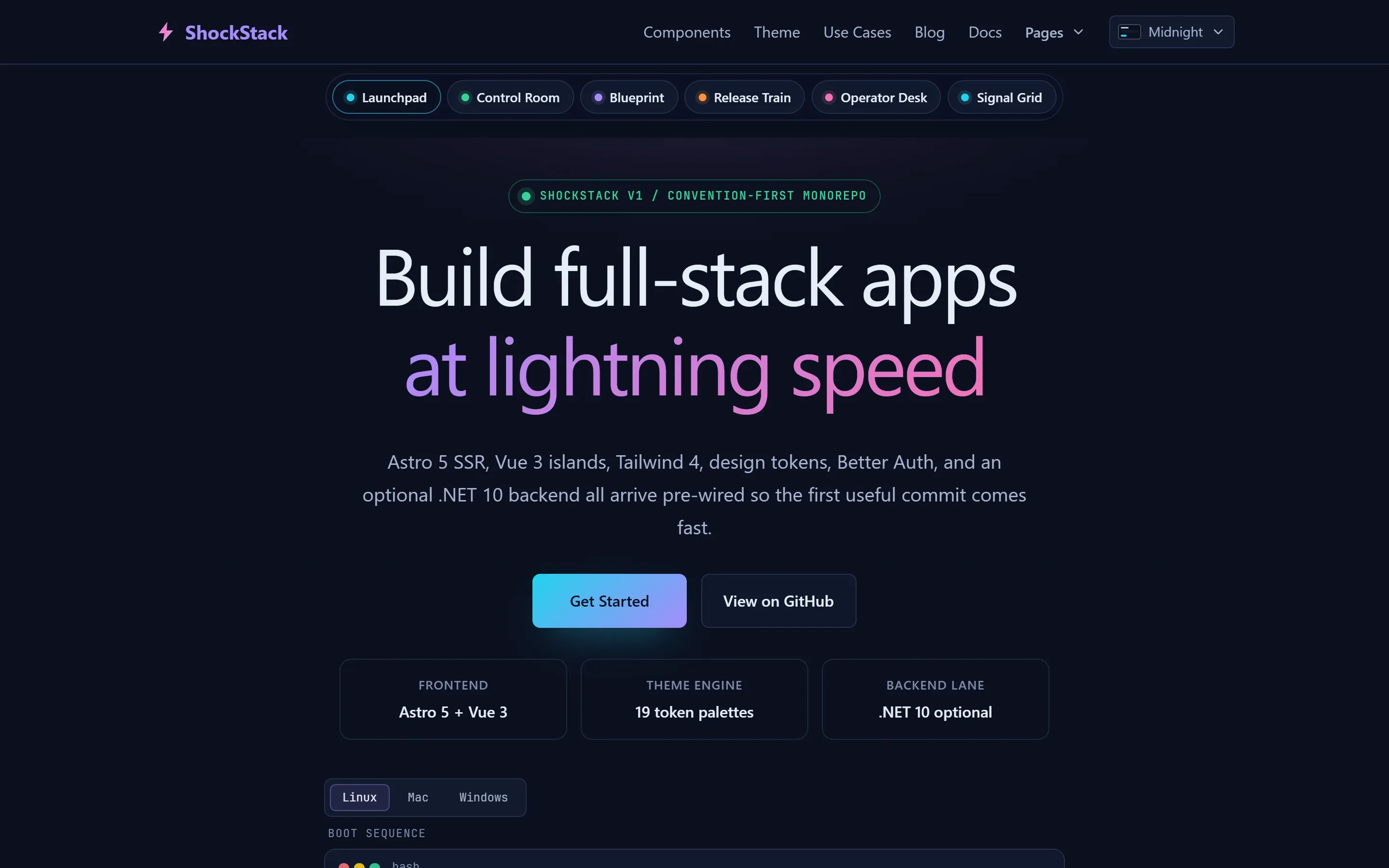 shockstack.dev home page in its Midnight theme: the headline Build full-stack apps at lightning speed above Get Started and View on GitHub buttons