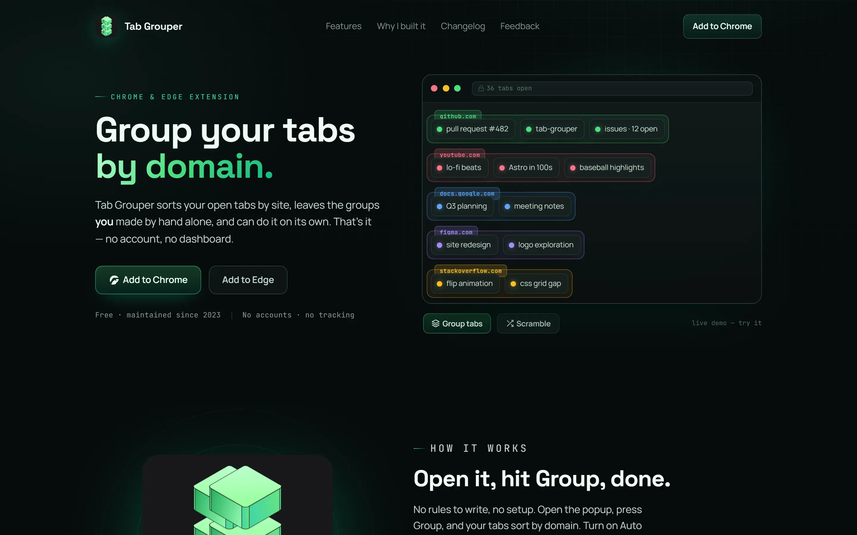 tabgrouper.com home page: the headline Group your tabs by domain. beside a live demo of tabs grouped under github.com, youtube.com, docs.google.com, figma.com and stackoverflow.com