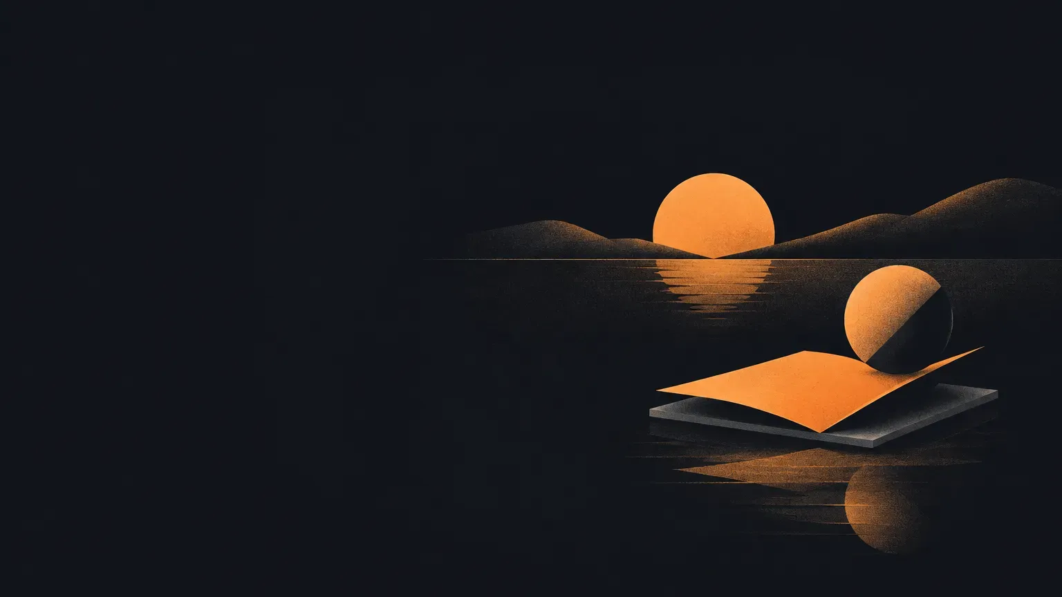 AI-generated abstract composition of a quiet horizon landscape, in orange on a dark charcoal background
