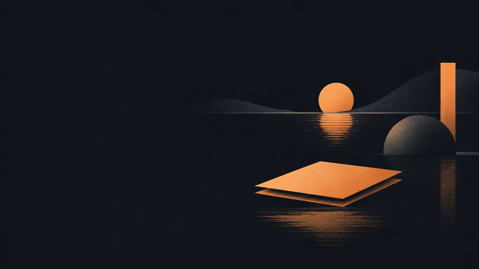 AI-generated abstract composition of a quiet horizon landscape, in orange on a dark charcoal background