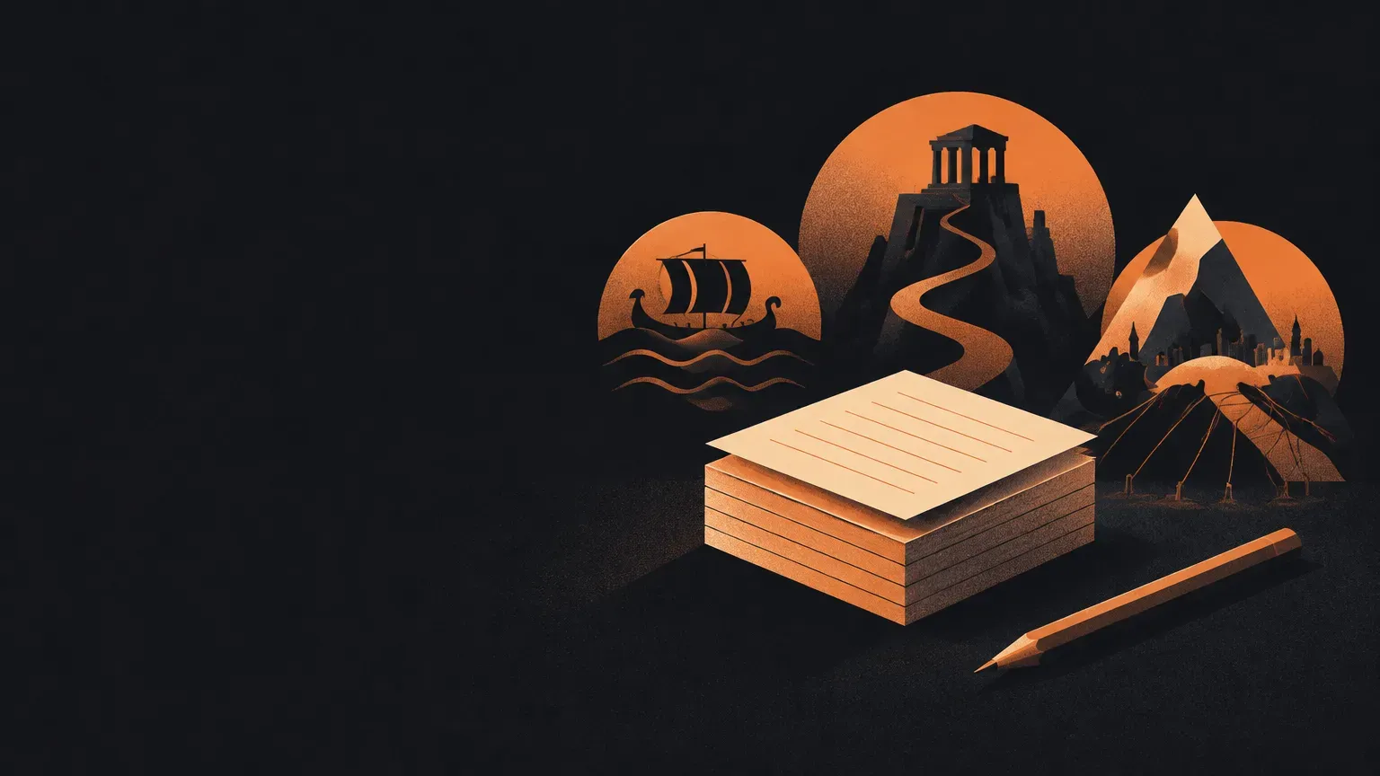 AI-generated abstract composition of a neat stack of index cards, in orange on a dark charcoal background